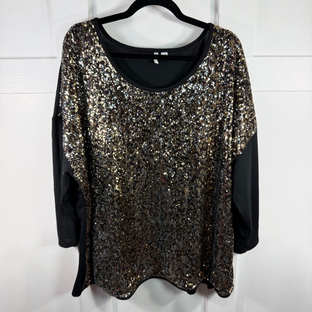 Catherines Sequin Front Knit Top Black Gold Silver 3/4 Sleeve Plus Size 26/28W